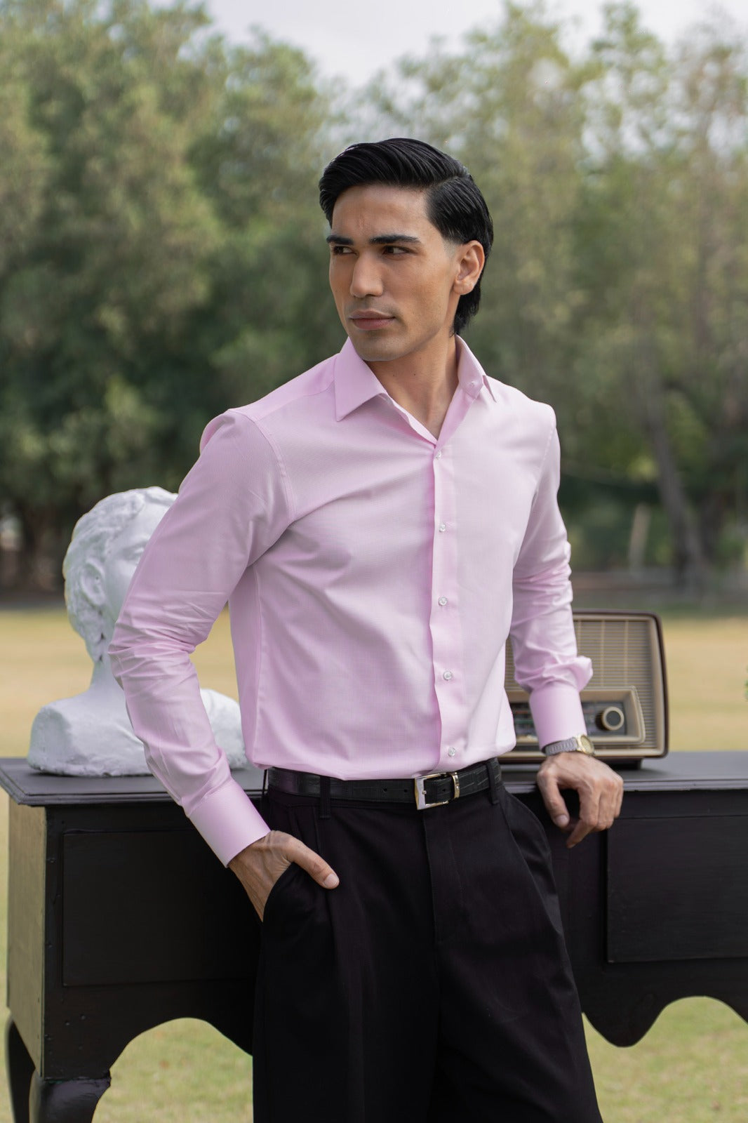 herringbone dress shirt Non-Iron Cotton Point Collar French Cuff Double layer back yoke Proper Cloth Men's Thomas Mason