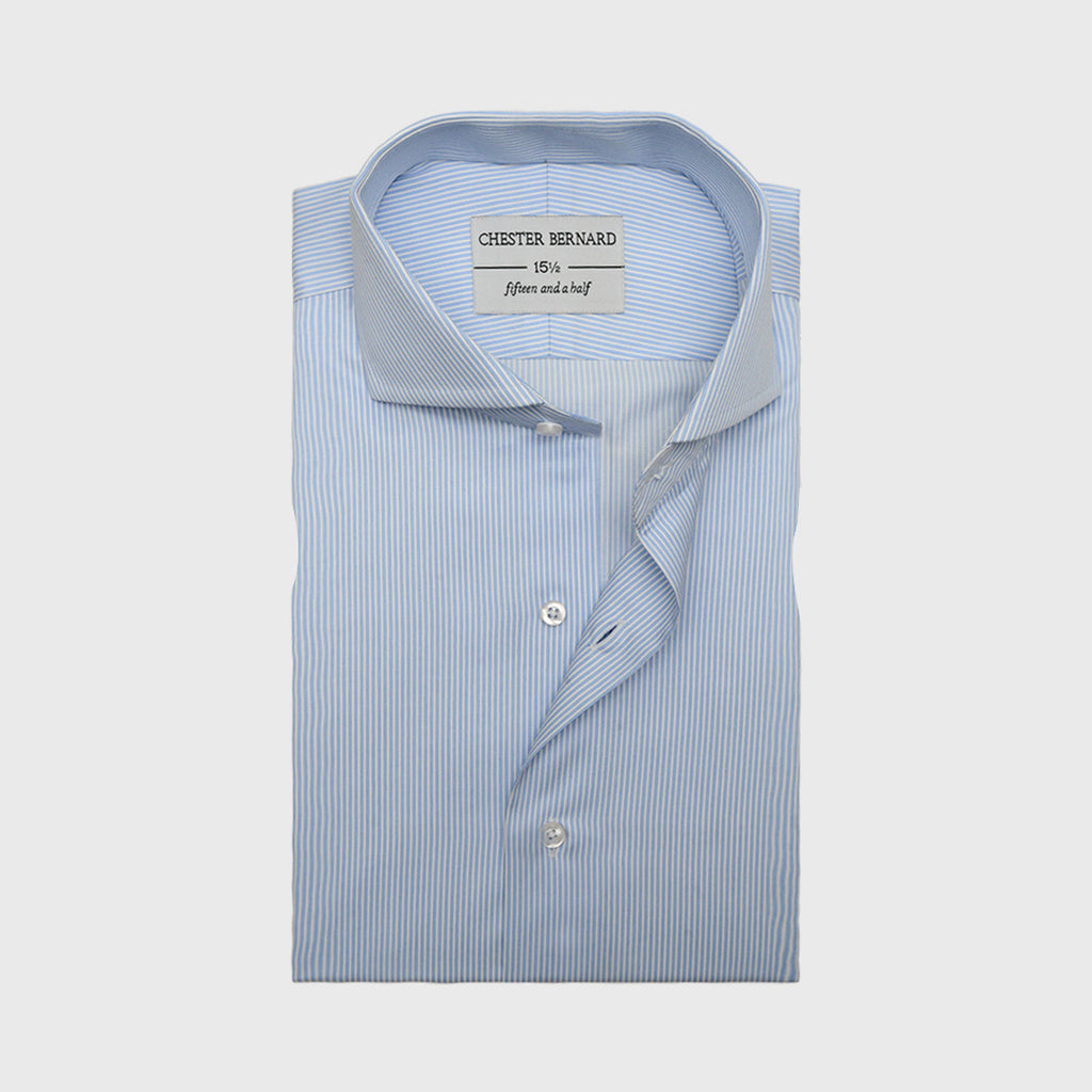 Refined Contrast Sky Blue Pinstripe Shirt with White Collar OL-520