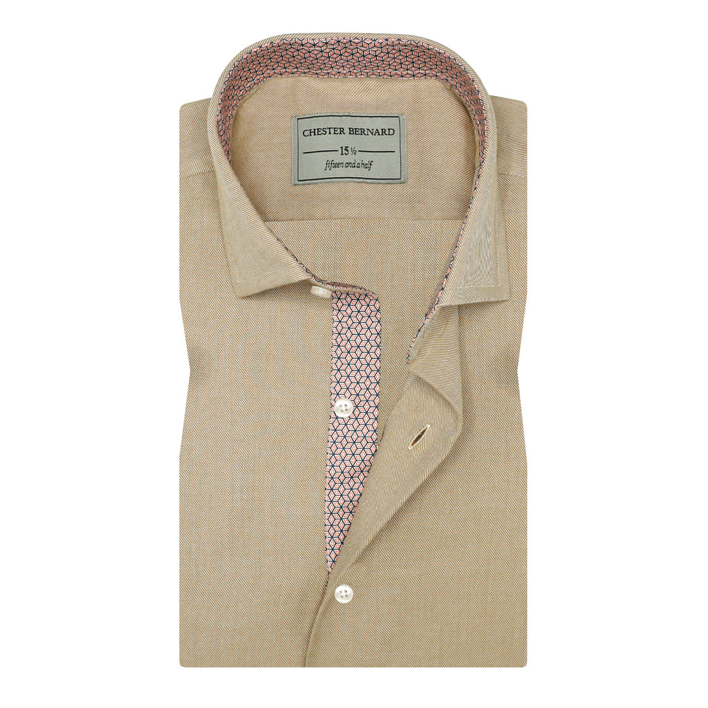 Beige Twill Cotton Shirt with Contrast Flamingo Detailing OL-554
