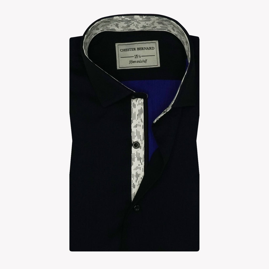 Navy Blue Contrast Shirt with White Pattern & Royal Blue Piping OL-565