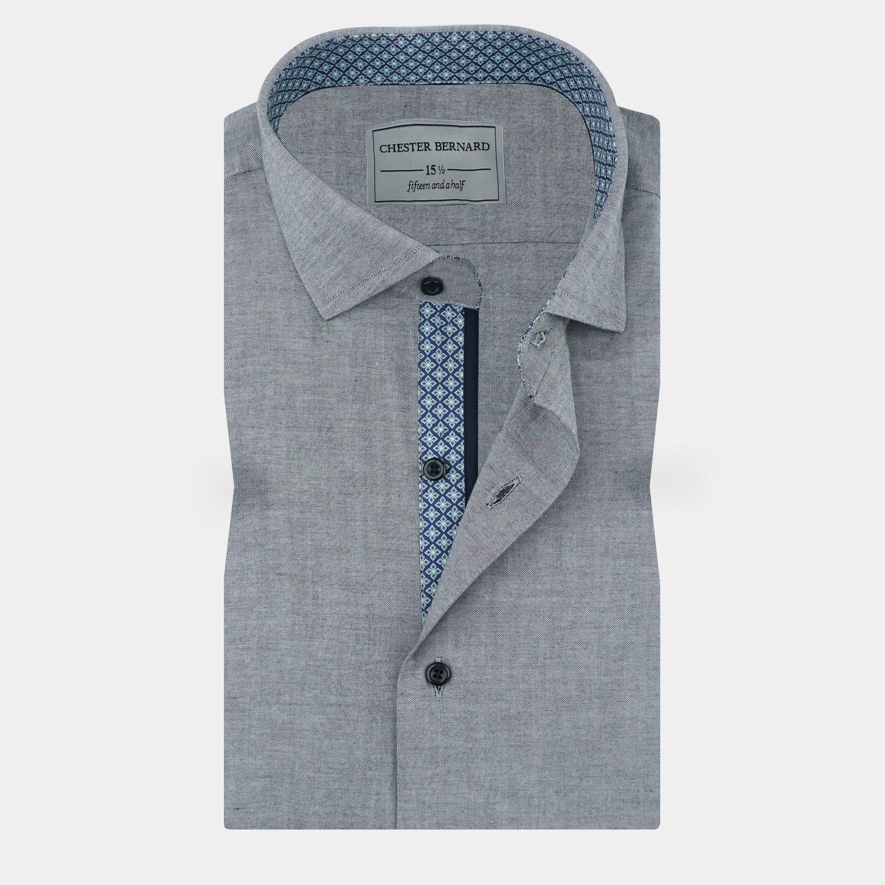 Grey Cotton Shirt with Navy Printed Contrast OL-571