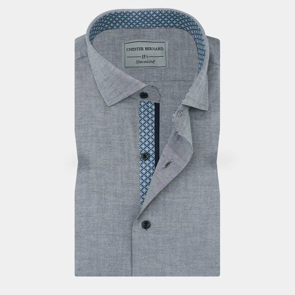 Grey Cotton Shirt with Navy Printed Contrast OL-571