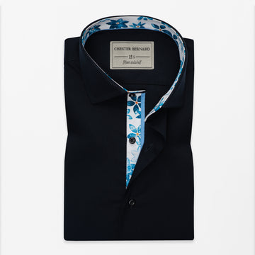 Midnight Black Shirt with Floral Accent Inlay