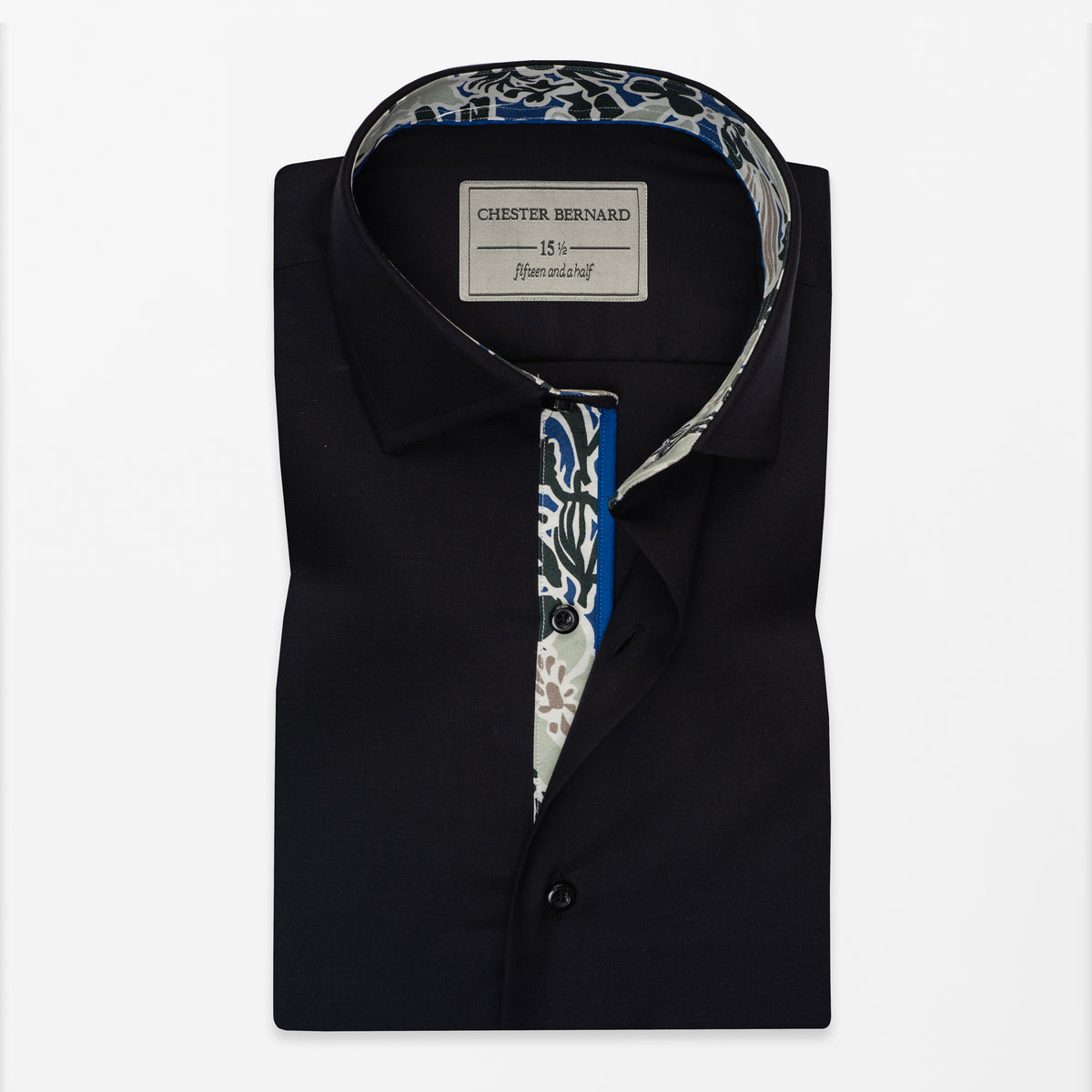Black Solid Shirt with Floral Print Inlay