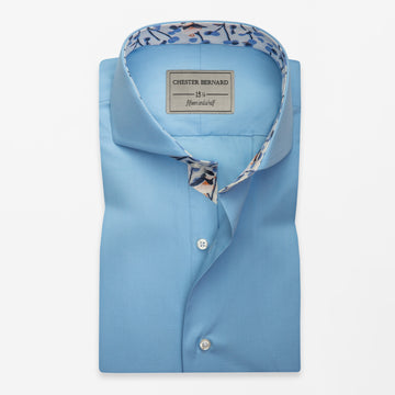 Sky Blue Cutaway Shirt with Songbird Print Trim