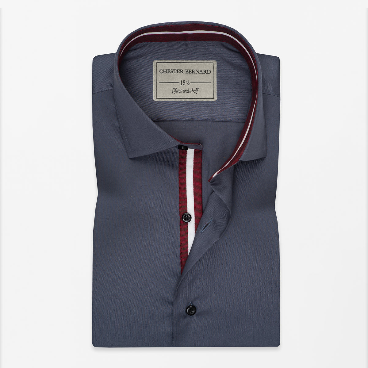Slate Blue Shirt with Maroon & White Placket Stripe