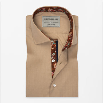 Beige Micro-Check Shirt with Maroon Paisley Inlay