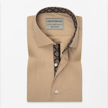 Camel Micro-Check Shirt with Black Geometric Inlay