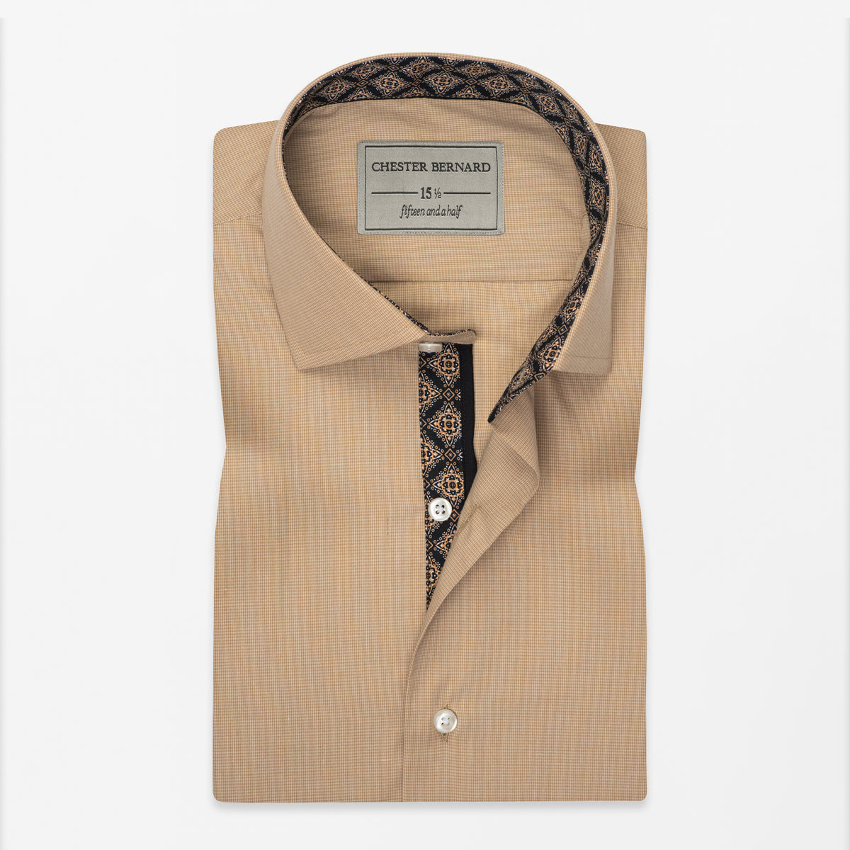 Camel Micro-Check Shirt with Black Geometric Inlay