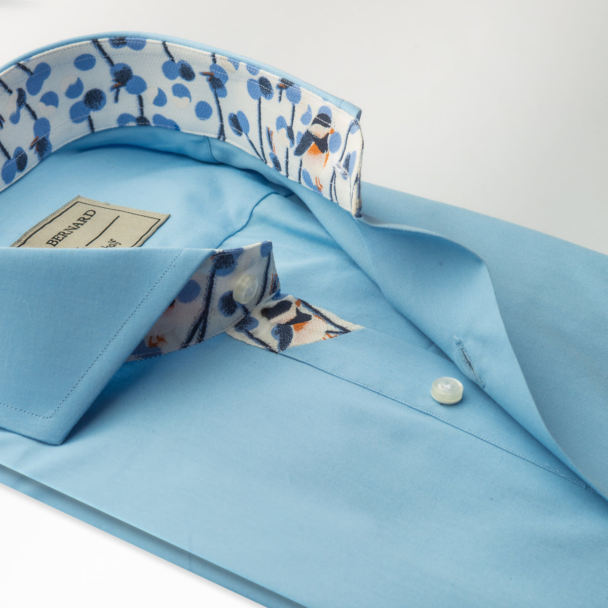 Sky Blue Cutaway Shirt with Songbird Print Trim