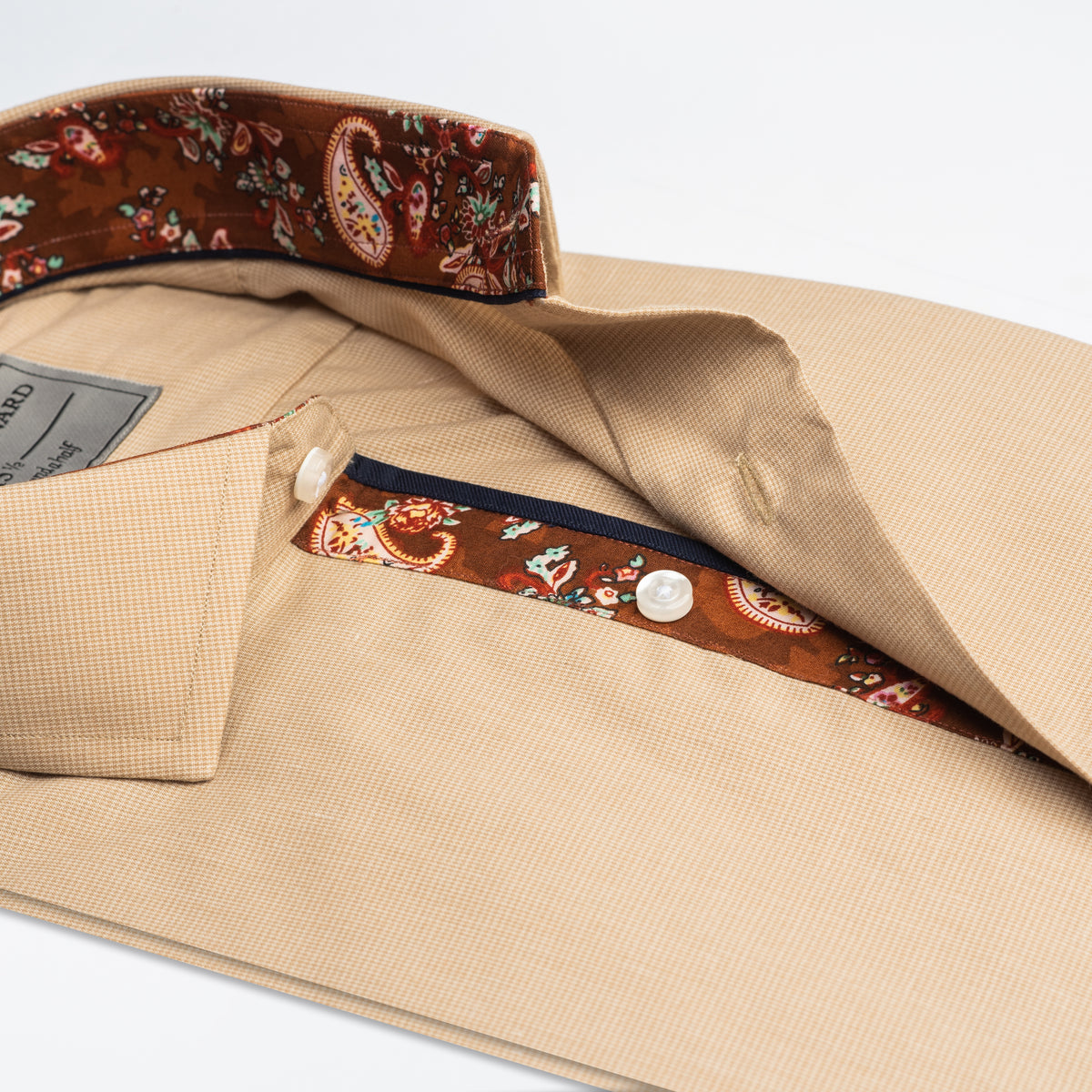 Beige Micro-Check Shirt with Maroon Paisley Inlay