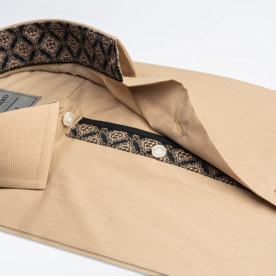 Camel Micro-Check Shirt with Black Geometric Inlay