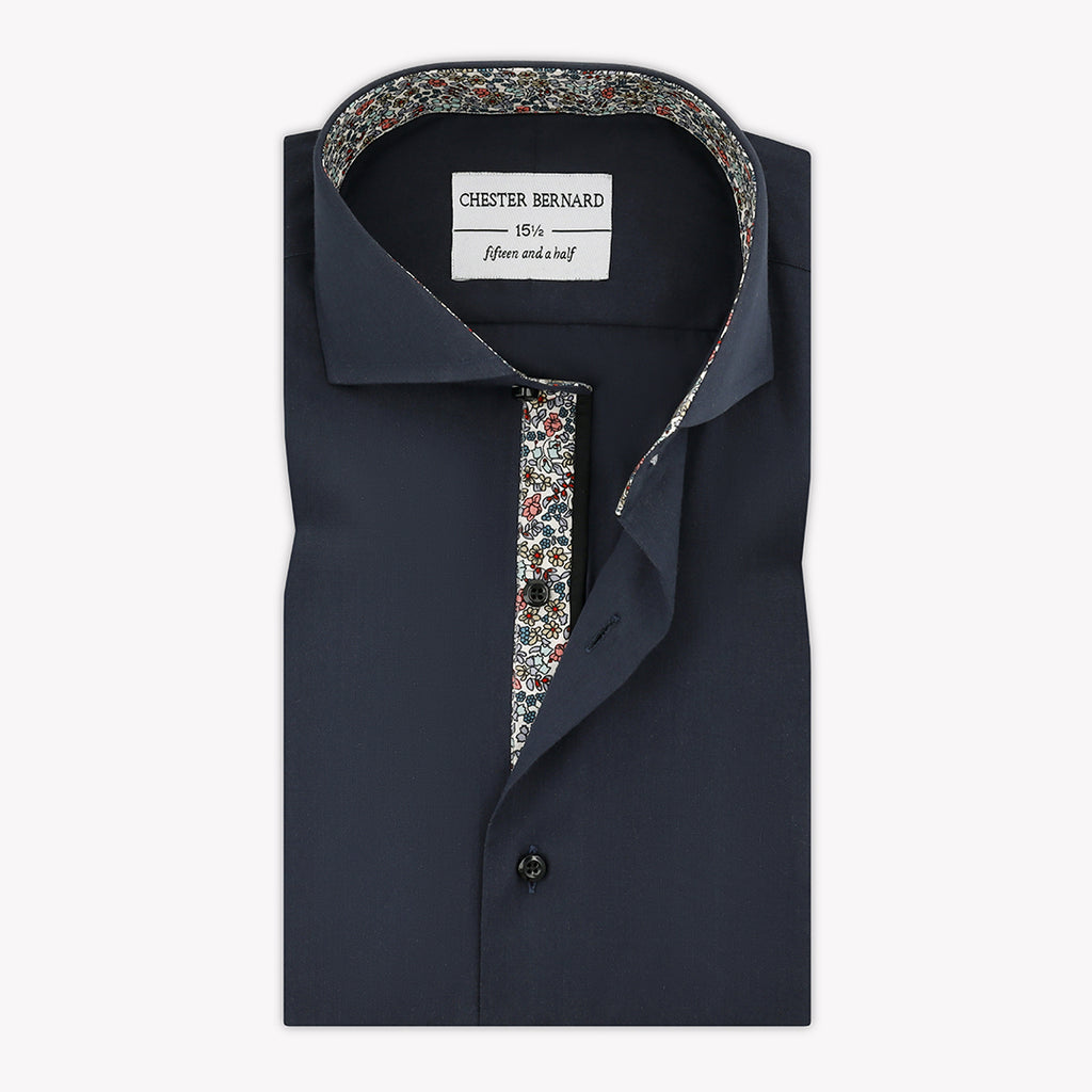 Navy Blue Casual Shirt With Multi Flower & Black Piping OL-300