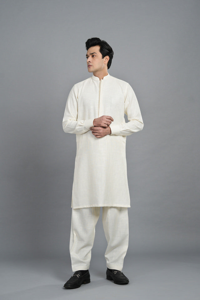 OFFWhite Jute Linen Kurta Style | Shalwar Kameez SQ-428 (1)