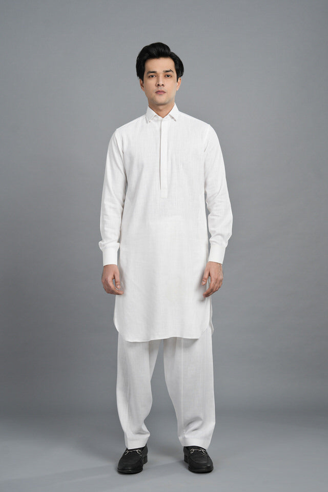 Pure White Jute Linen Shalwar Kameez SQ-421 (2A)