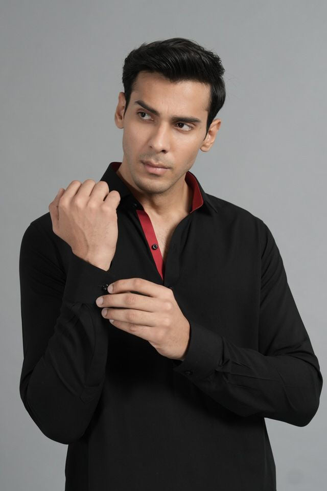 Black Shalwar Kameez With Red Inlay SQ-12