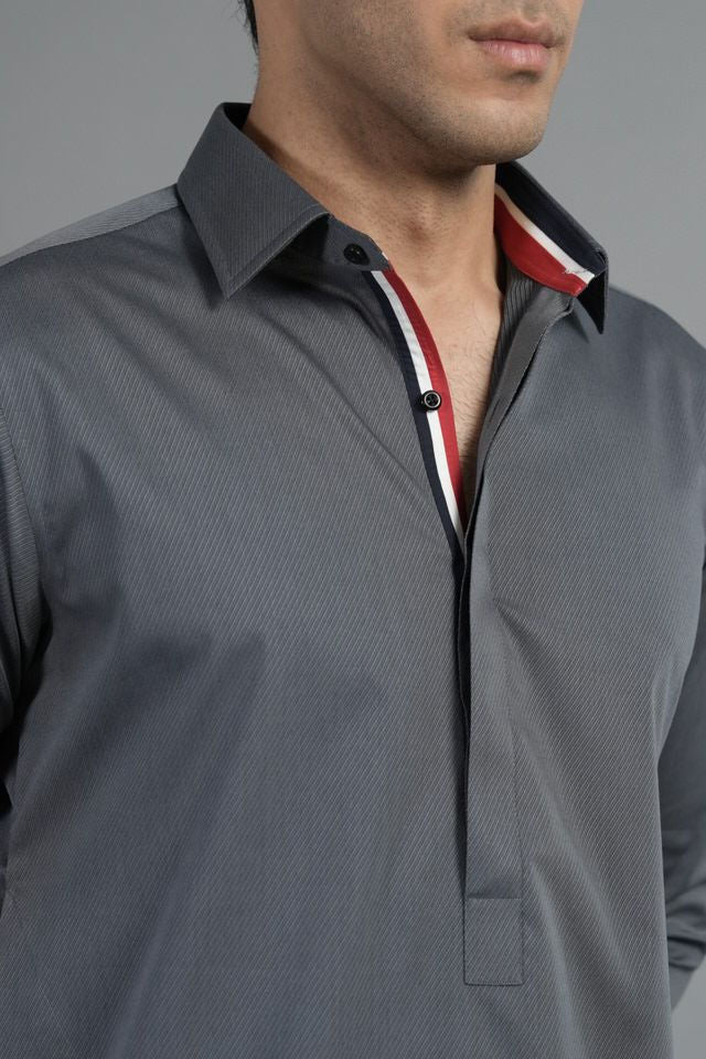 Grey Twill Shalwar Kameez With Blue White Red Inlay OL-81BwR