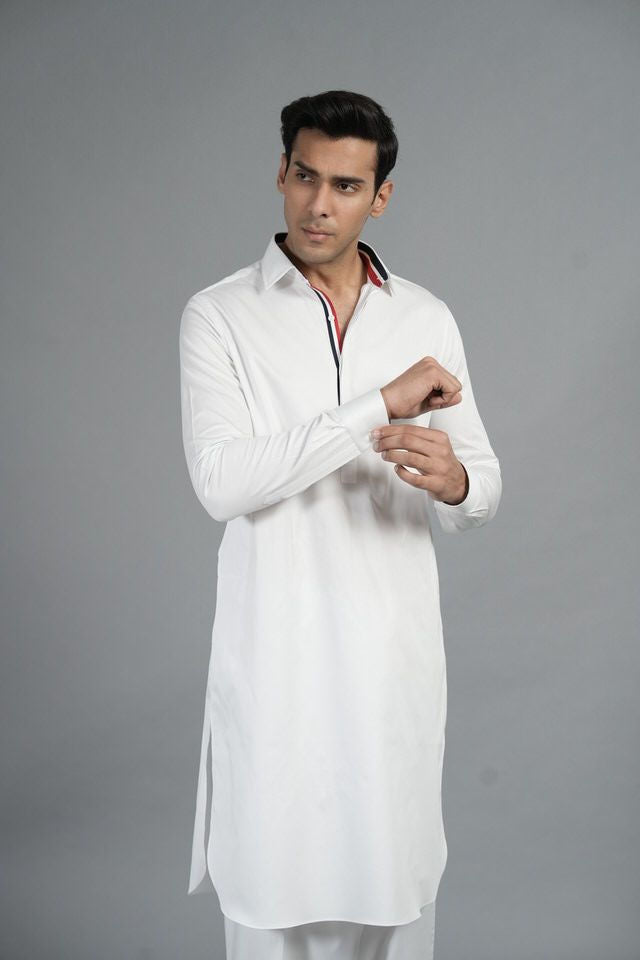 White Shalwar Kameez With Blue & Red Inlay SQ-10