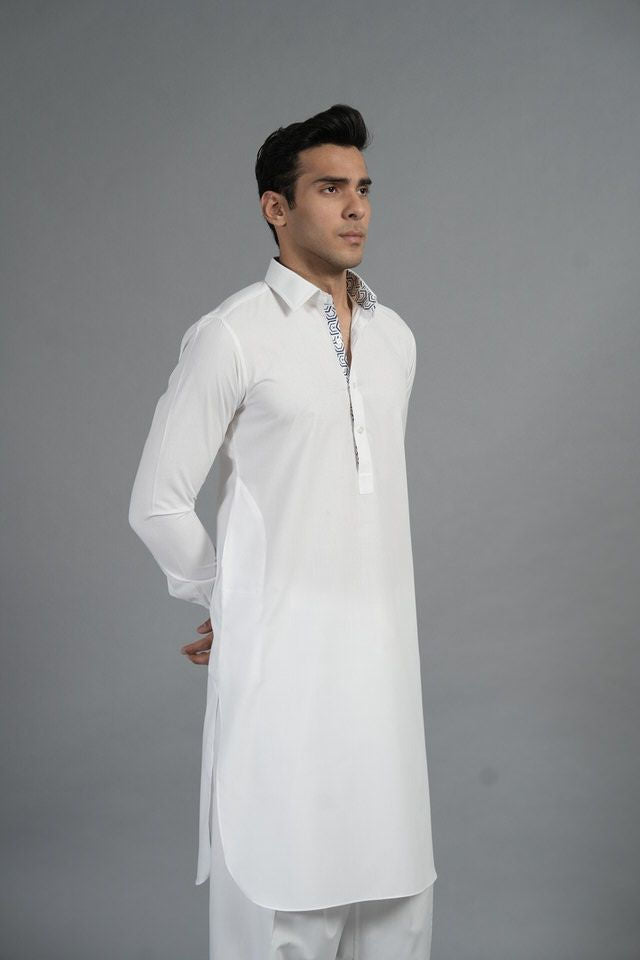 White Shalwar Kameez With Blue Squares Print SQ-10