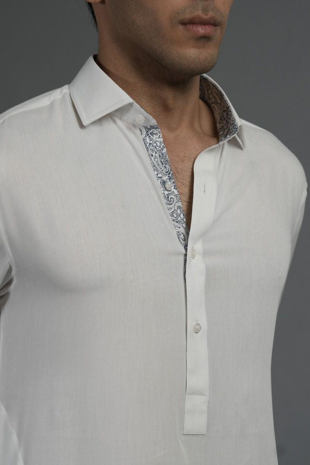 Classic White Cotton Linen Shalwar Kameez With Blue Paisley SQ-10