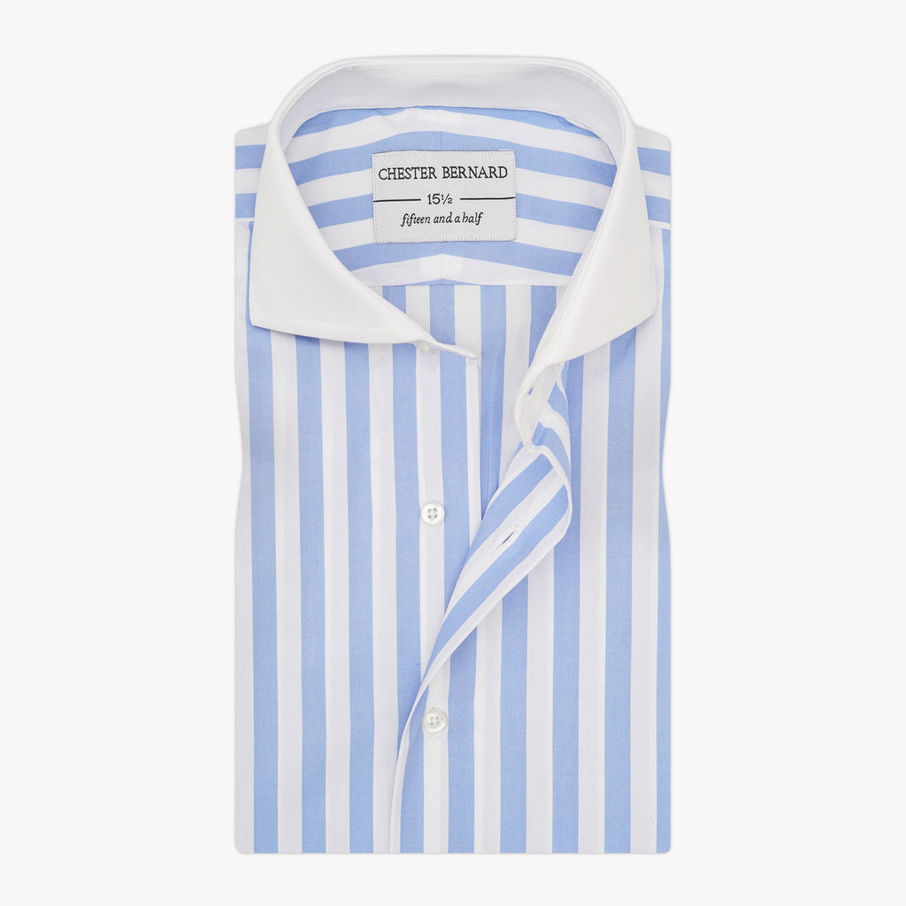 Sky Blue Bold Stripe Shirt with White Contrast Collar OL-607