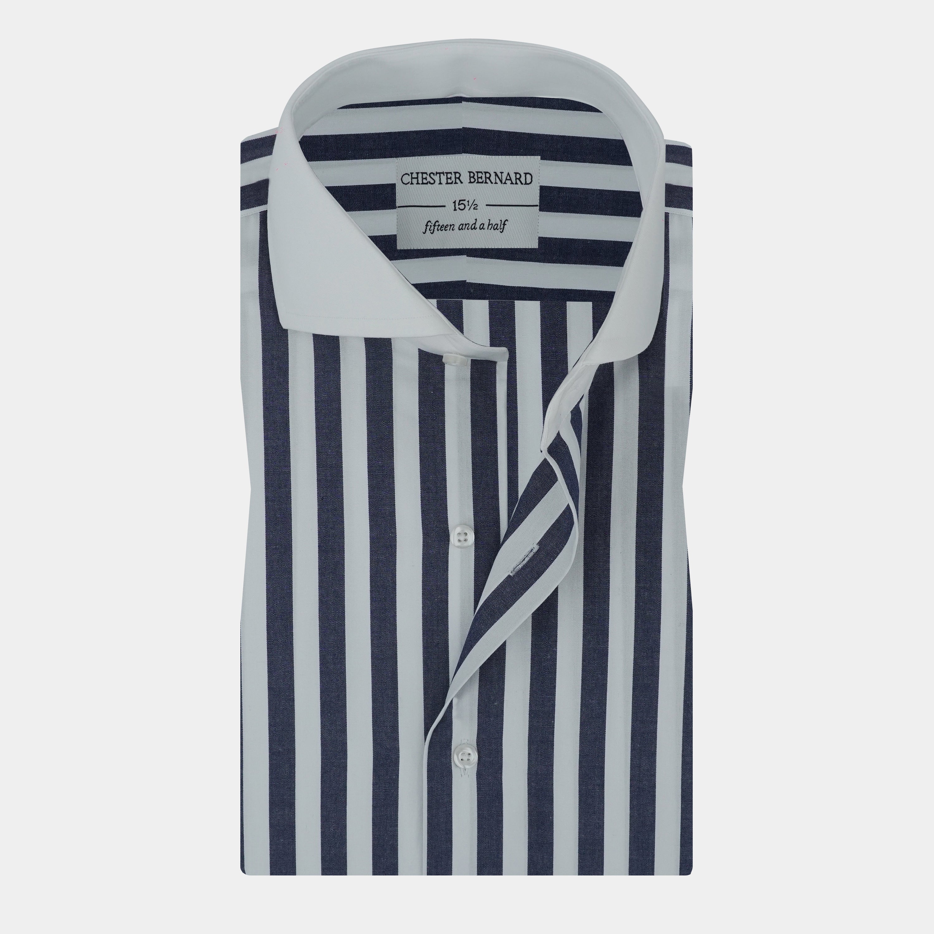 Navy & White Stripe Shirt with White Collar