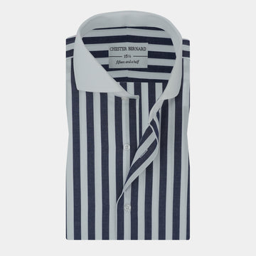 Navy & White Stripe Shirt with White Collar