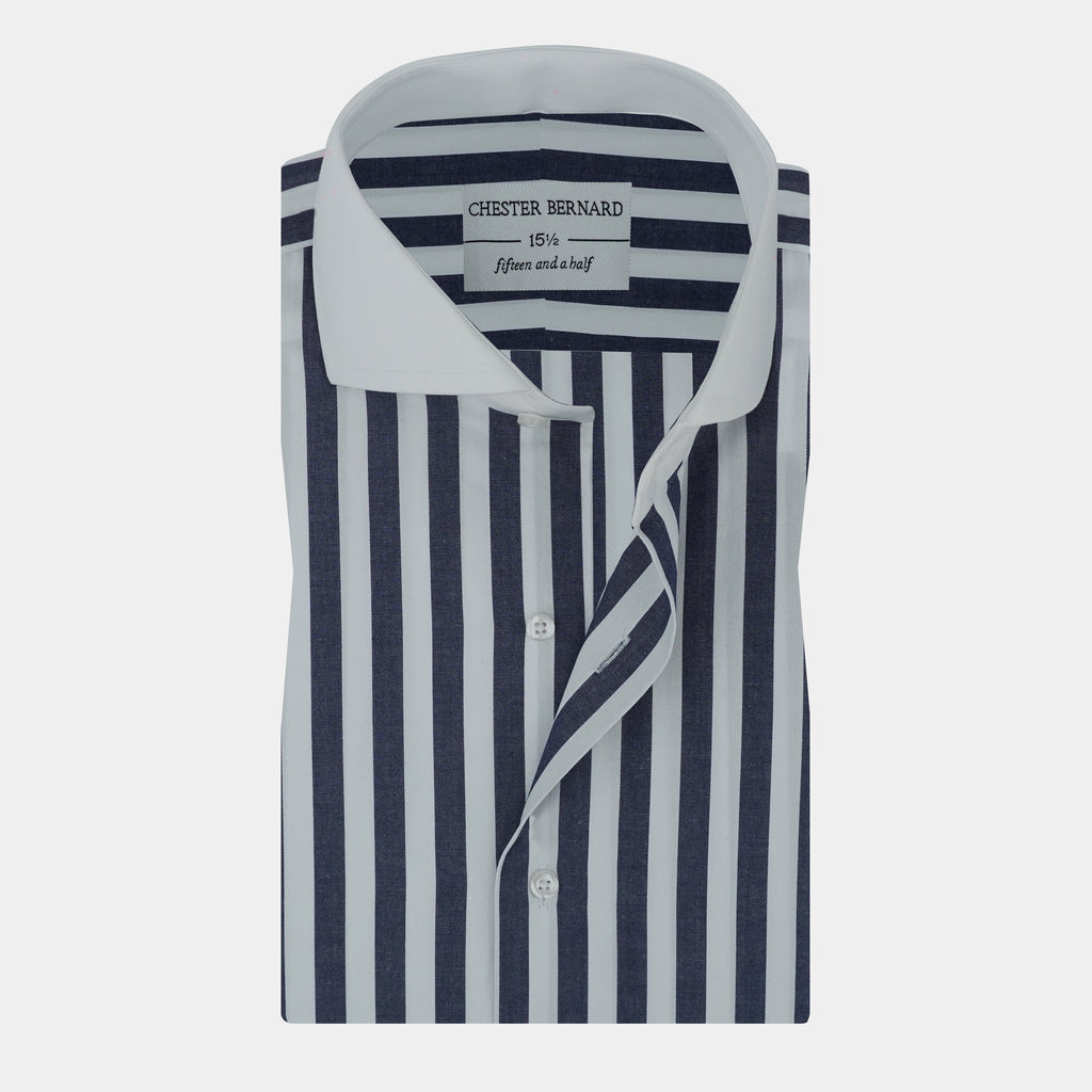 Navy & White Vertical Stripe Shirt with Contrast White Collar OL-606