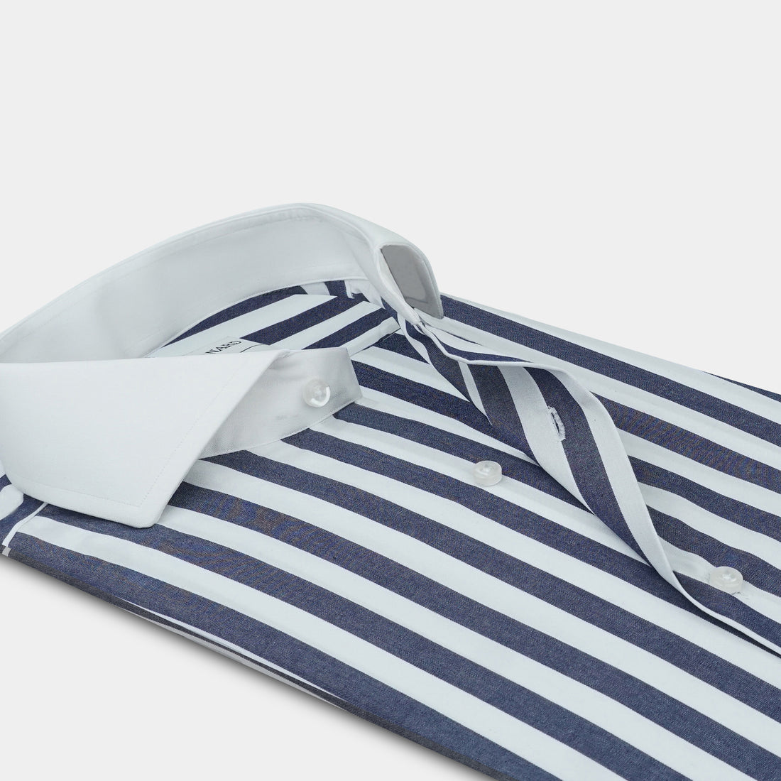 Navy & White Stripe Shirt with White Collar