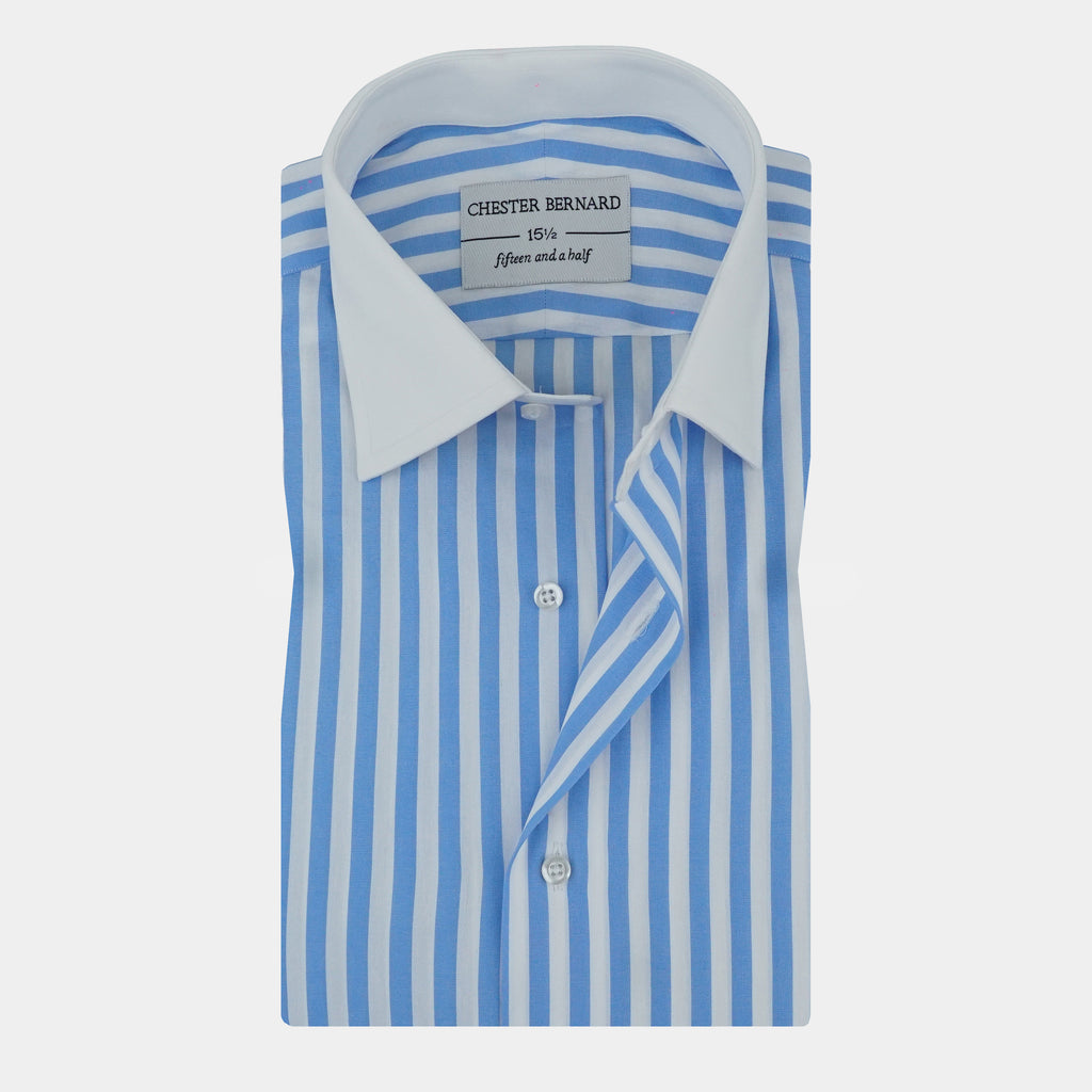 Sky Blue Bold Stripe Shirt with White Contrast Collar OL-607
