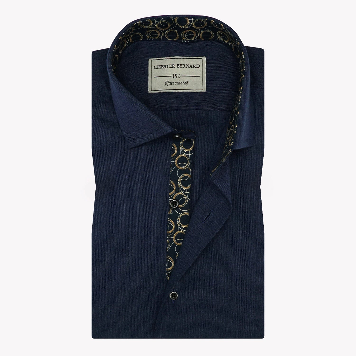 Midnight Elegance Navy Cotton Linen Shirt with Gold Printed Detailing OL-547