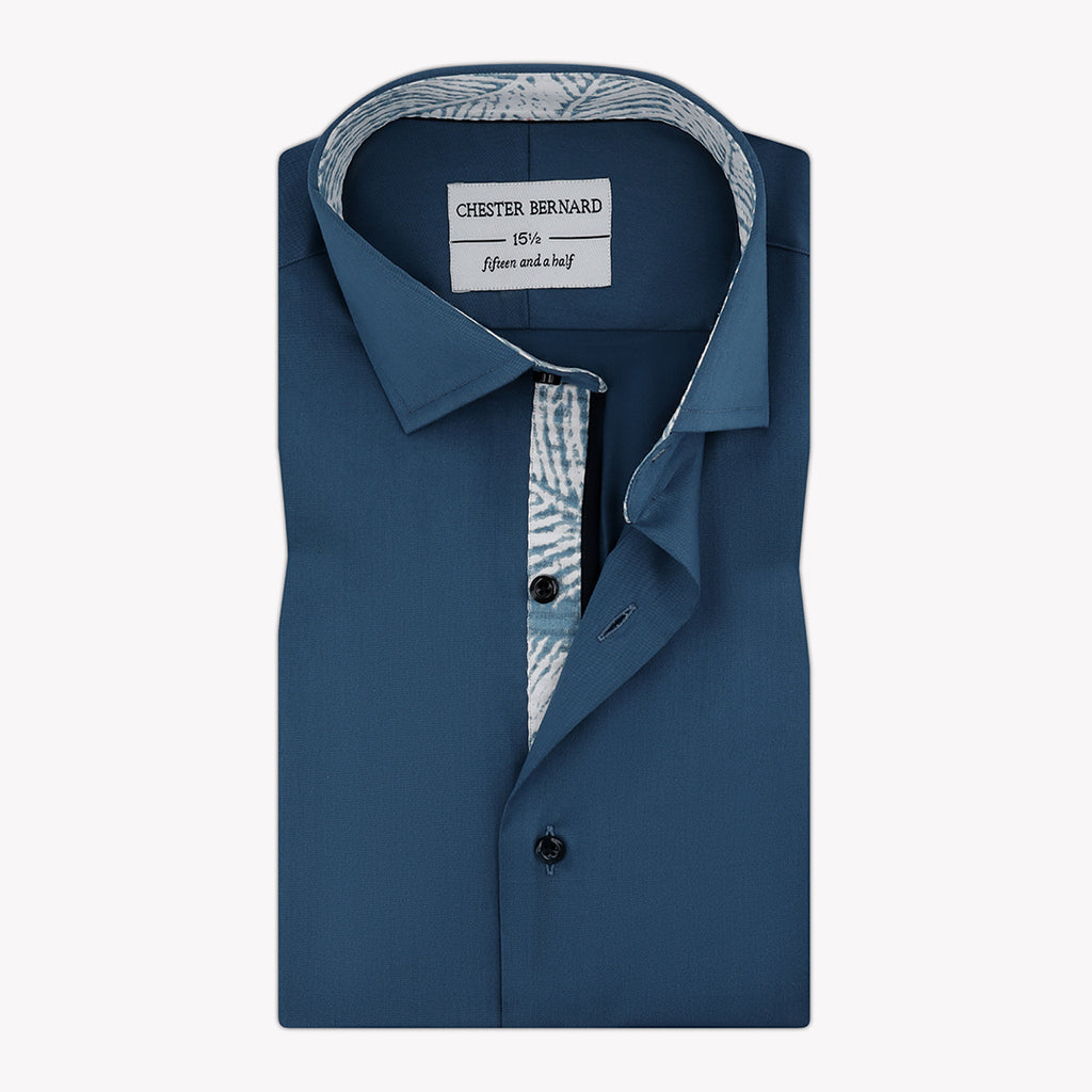 Turquoise Blue Casual Shirt With Tropical Leaf Black Piping