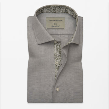 Grey Textured Cotton Shirt with Printed Contrast