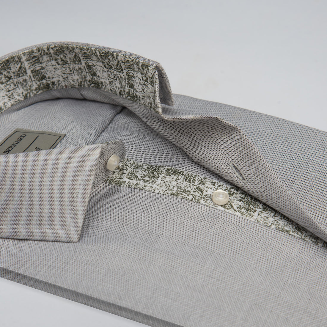 Grey Textured Cotton Shirt with Printed Contrast
