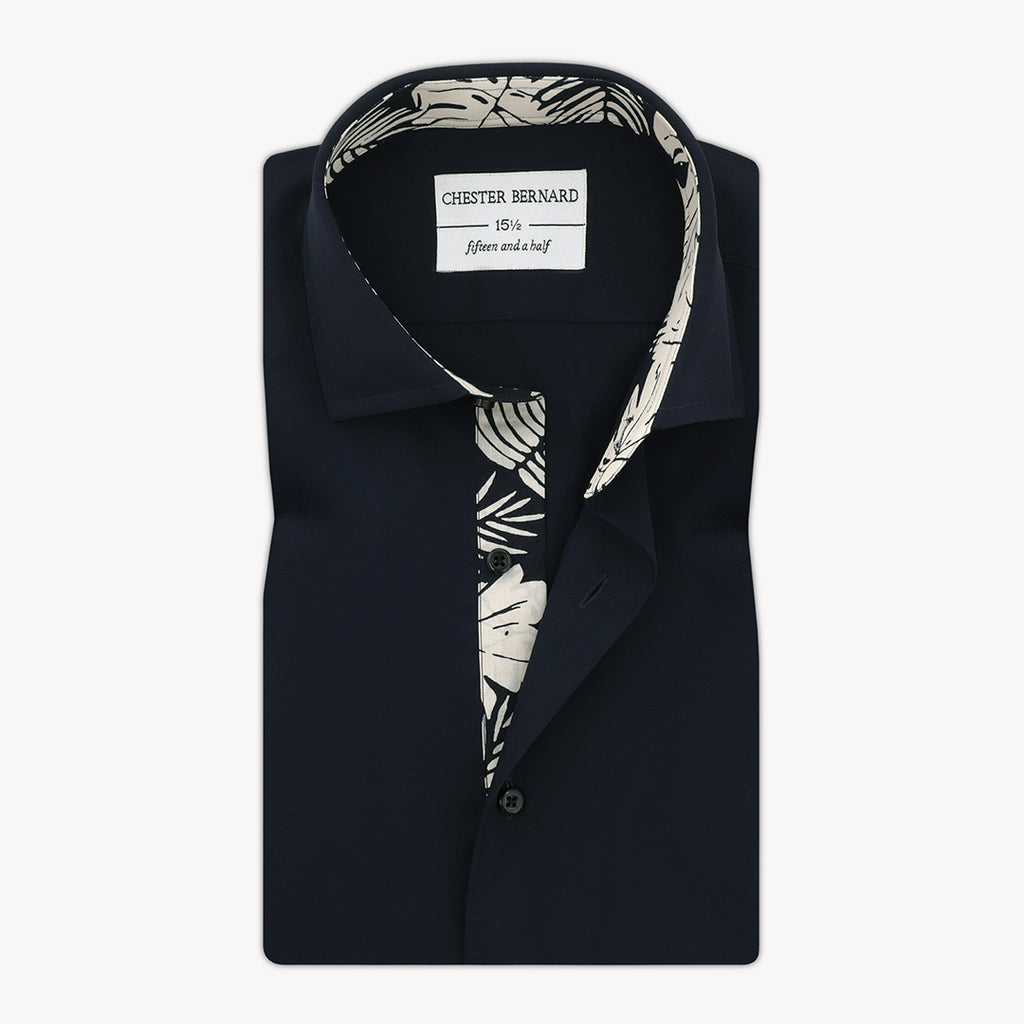 White Leaf Print Black Poplin Formal Shirt For Mens 1