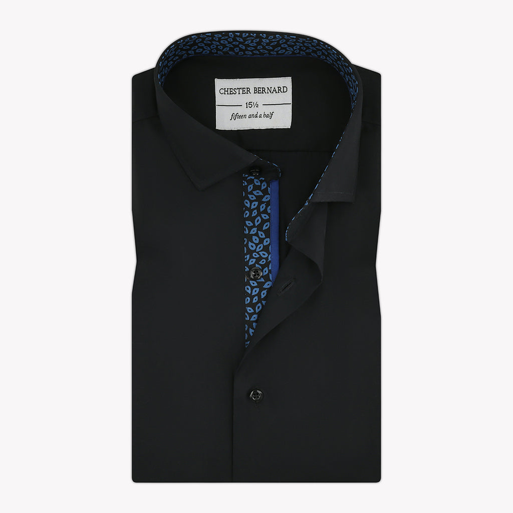 Classic Black Casual Shirt with Blue Leaves and Piping - Stylish Men's Shirt