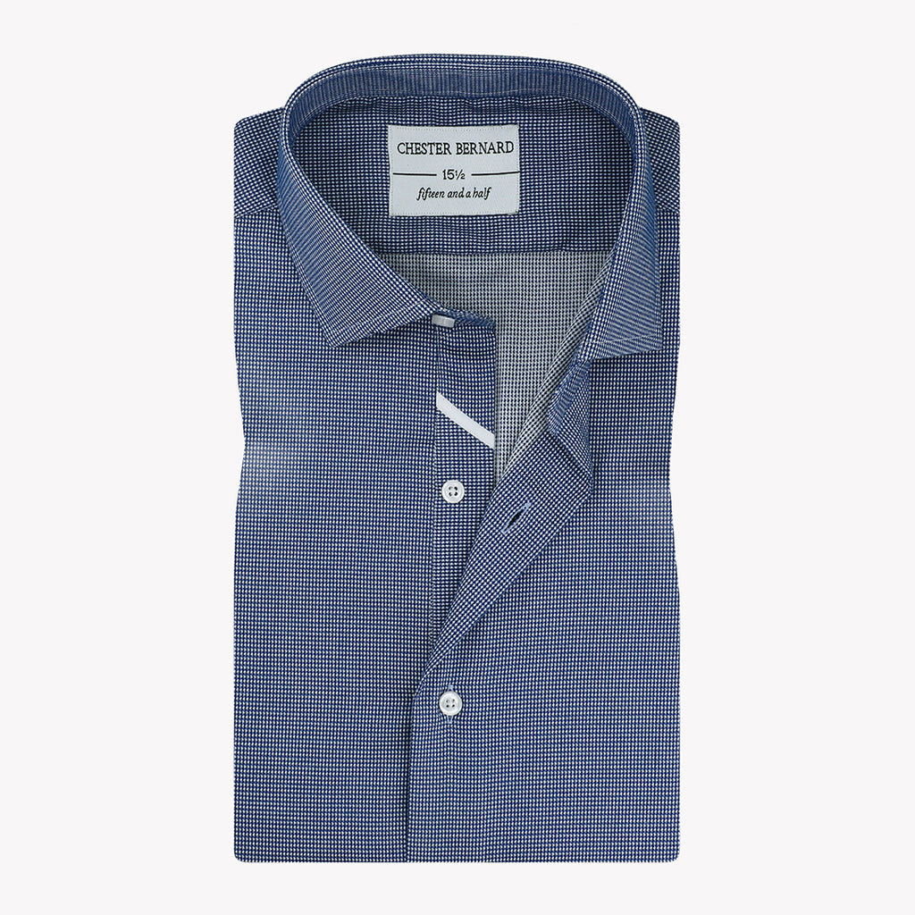 Classic Blue Formal Shirt with Houndstooth White Pattern - Stylish Men's Dress Shirt