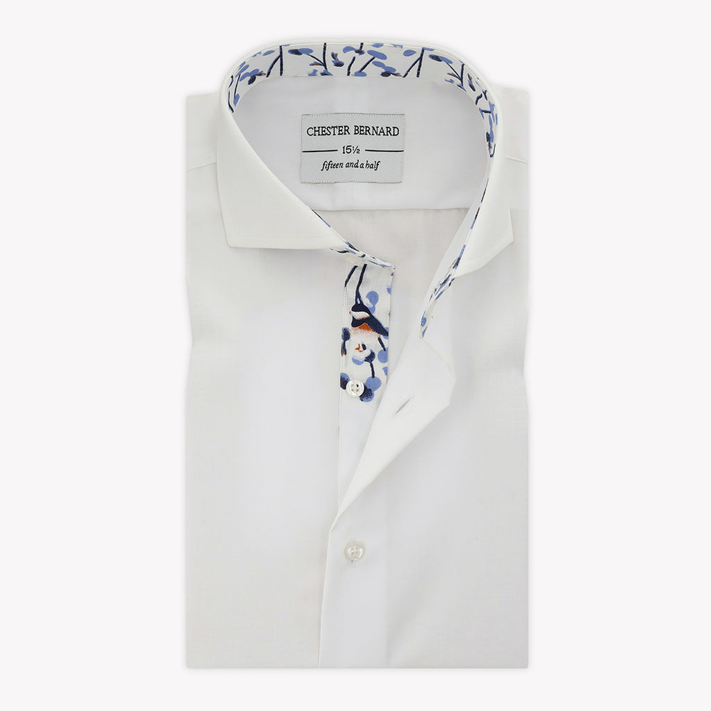 Classic White Casual Shirt with Blue Flower and Birds Inlay - Stylish Men's Shirt