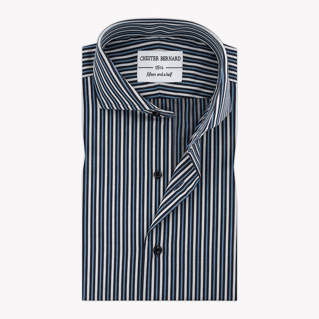 Fancy White Casual Shirt with Navy & Light Blue Stripes - Stylish Men's Shirt