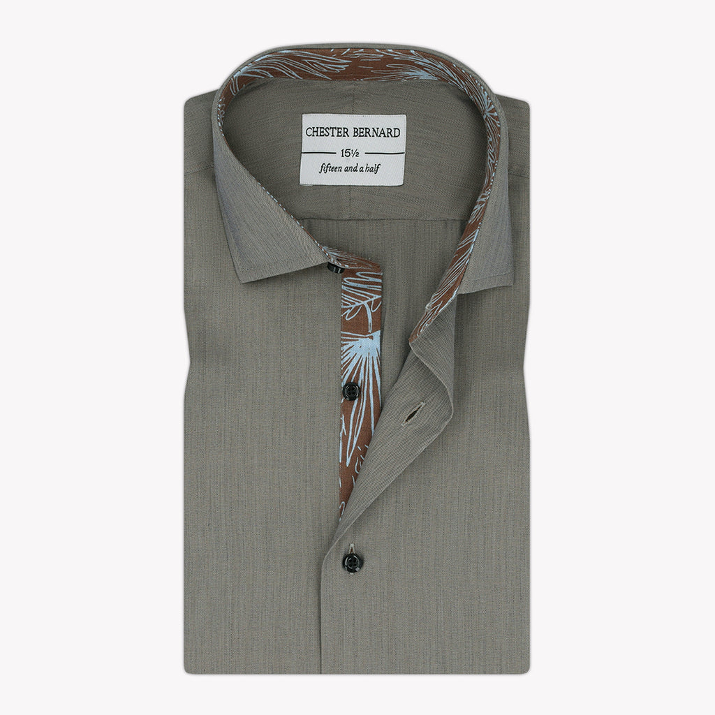 Grey Casual Shirt with Brown Leaf Inlay - Stylish Men's Shirt