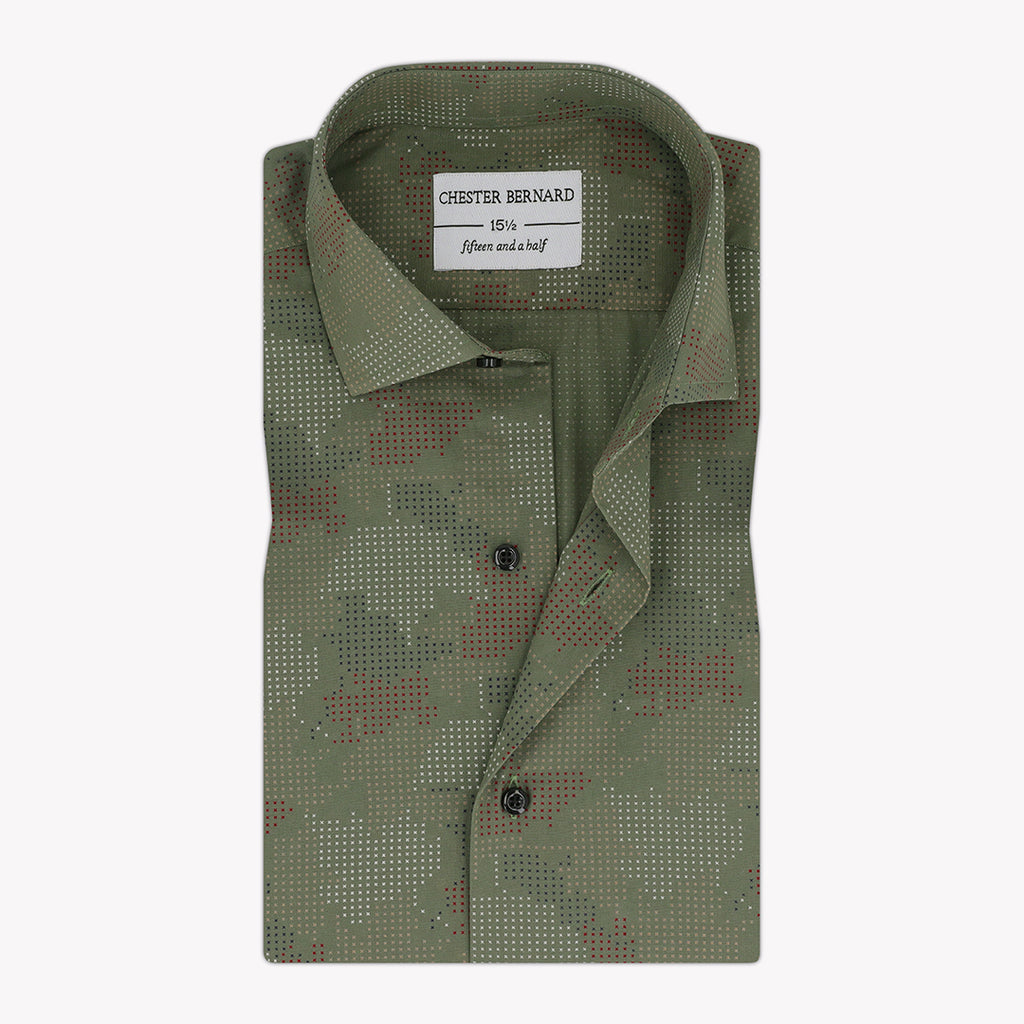 Khaki Green Casual Shirt with Camouflage Star Print - Trendy Men's Shirt