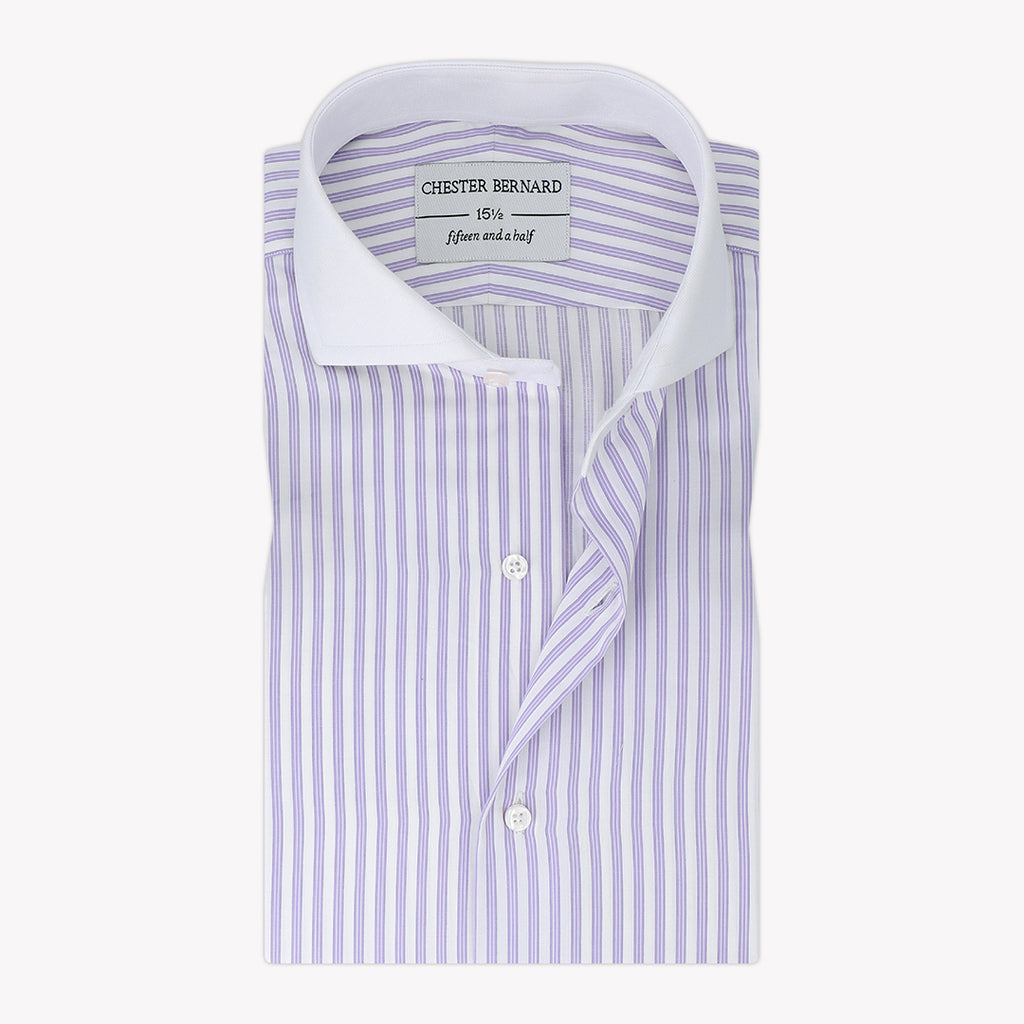 Lilac and Purple Stripes Formal Shirt with White Collar - Elegant Men's Dress Shirt