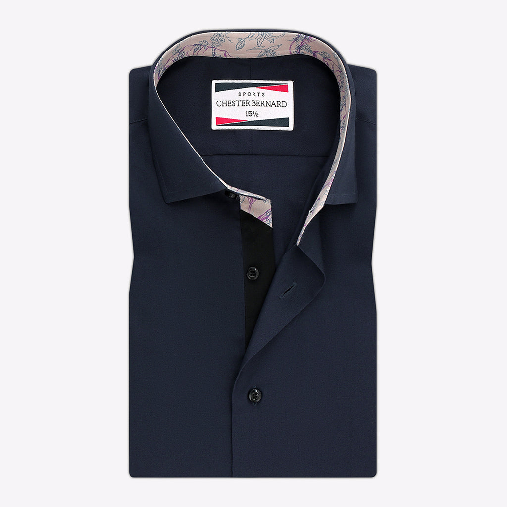 Navy Blue Casual Shirt with Floral Black Crossed Inlay - Stylish Men's Shirt